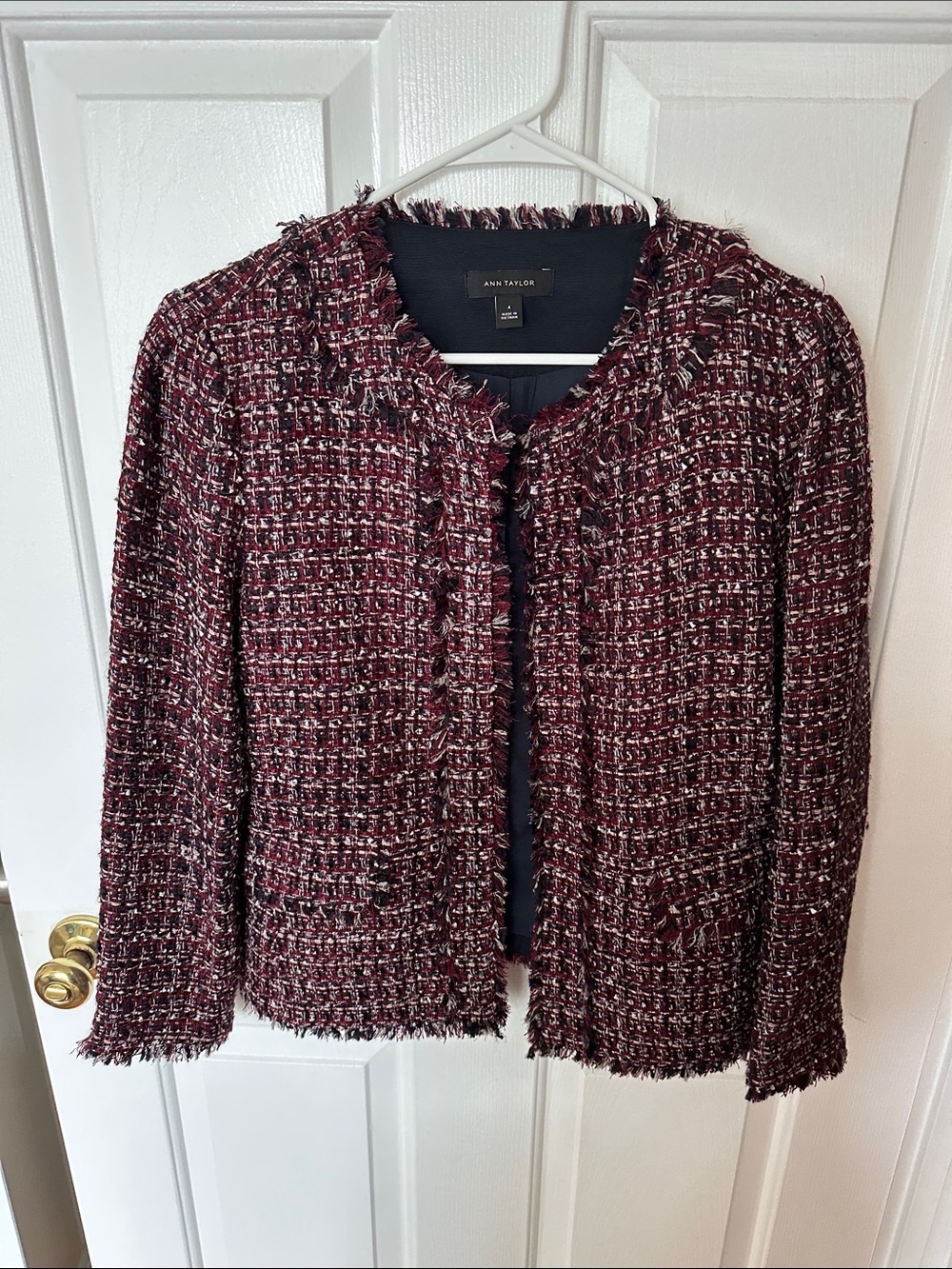 Ann Taylor Wine Tweed Fringe Collar Jacket